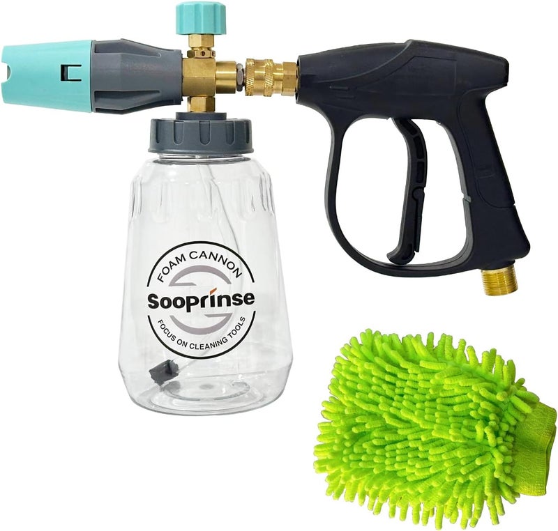 Sooprinse Short Pressure Washer Gun With Foam Cannon, High Pressure Snow Foam Lance, 1/4 Inch Quick Connector, Power Washer Blaster, Car Wash Mitt, 3000 PSI, 1 Liter - Image 1